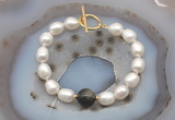 CFB966 Hand-knotted 9mm - 10mm rice white freshwater pearl & golden obsidian bracelet