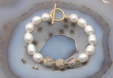 CFB967 Hand-knotted 9mm - 10mm rice white freshwater pearl & feldspar bracelet