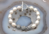 CFB969 Hand-knotted 9mm - 10mm rice white freshwater pearl & grey picture jasper bracelet