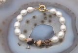 CFB970 Hand-knotted 9mm - 10mm rice white freshwater pearl & brown zebra jasper bracelet