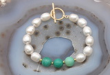 CFB973 Hand-knotted 9mm - 10mm rice white freshwater pearl & grass agate bracelet