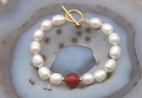 CFB974 Hand-knotted 9mm - 10mm rice white freshwater pearl & red agate bracelet