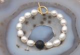 CFB978 Hand-knotted 9mm - 10mm rice white freshwater pearl & black lava bracelet