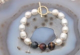 CFB981 Hand-knotted 9mm - 10mm rice white freshwater pearl & mixed tiger eye bracelet