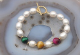 CFB982 Hand-knotted 9mm - 10mm rice white freshwater pearl & colorful tiger eye bracelet