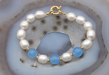 CFB989 Hand-knotted 9mm - 10mm rice white freshwater pearl & candy jade bracelet