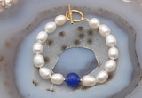 CFB991 Hand-knotted 9mm - 10mm rice white freshwater pearl & candy jade bracelet