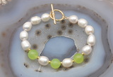 CFB993 Hand-knotted 9mm - 10mm rice white freshwater pearl & candy jade bracelet