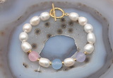 CFB995 Hand-knotted 9mm - 10mm rice white freshwater pearl & colorful candy jade bracelet