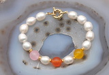 CFB996 Hand-knotted 9mm - 10mm rice white freshwater pearl & colorful candy jade bracelet