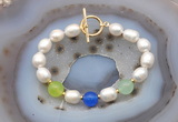 CFB997 Hand-knotted 9mm - 10mm rice white freshwater pearl & colorful candy jade bracelet