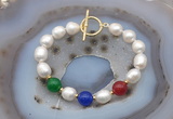 CFB998 Hand-knotted 9mm - 10mm rice white freshwater pearl & colorful candy jade bracelet