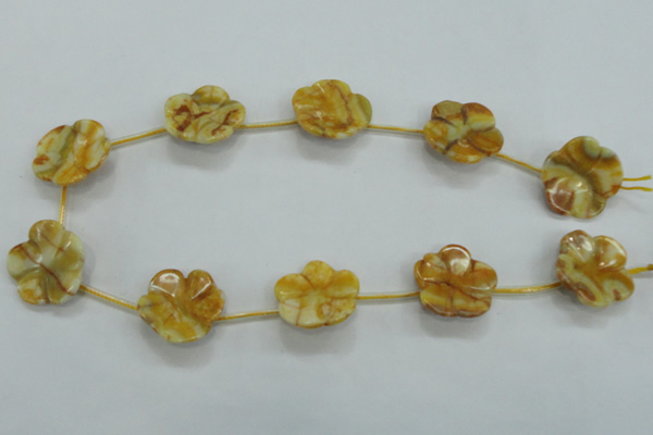 CFG17 15.5 inches 24mm carved flower yellow crazy lace agate beads