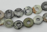 CFG904 15.5 inches 12mm carved coin donut black water jasper beads