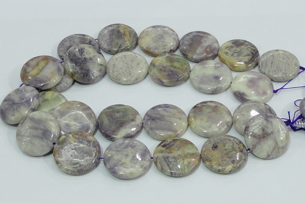 CFJ03 15.5 inches 30mm flat round natural purple flower stone beads