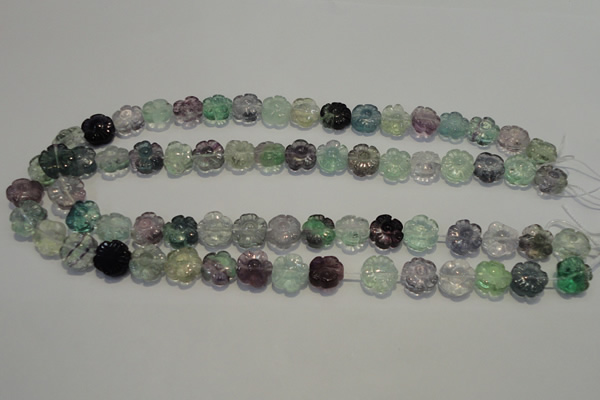 CFL492 15.5 inches 12mm carved flower natural fluorite beads