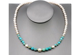 CFN106 potato white freshwater pearl & blue sea sediment jasper necklace, 16 - 24 inches