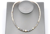 CFN125 potato white freshwater pearl & grey banded agate necklace, 16 - 24 inches