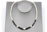 CFN127 potato white freshwater pearl & black banded agate necklace, 16 - 24 inches