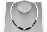 CFN128 potato white freshwater pearl & black agate necklace, 16 - 24 inches