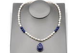 CFN154 baroque white freshwater pearl & lapis lazuli necklace with pendant