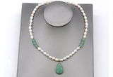 CFN156 baroque white freshwater pearl & green aventurine necklace with pendant