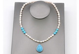 CFN157 baroque white freshwater pearl & turquoise necklace with pendant