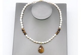 CFN158 baroque white freshwater pearl & yellow tiger eye necklace with pendant