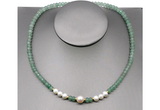 CFN202 4*6mm faceted rondelle green aventurine & potato white freshwater pearl necklace