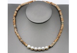 CFN209 4*6mm faceted rondelle picture jasper & potato white freshwater pearl necklace