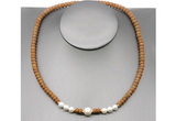 CFN210 4*6mm faceted rondelle wooden jasper & potato white freshwater pearl necklace