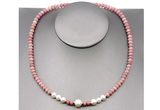 CFN211 4*6mm faceted rondelle pink wooden jasper & potato white freshwater pearl necklace