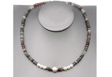 CFN213 4*6mm faceted rondelle African bloodstone & potato white freshwater pearl necklace