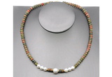 CFN215 4*6mm faceted rondelle unakite & potato white freshwater pearl necklace