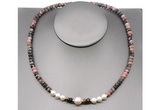 CFN216 4*6mm faceted rondelle rhodonite & potato white freshwater pearl necklace