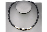 CFN219 4*6mm faceted rondelle black labradorite & potato white freshwater pearl necklace