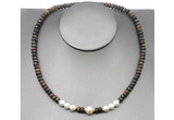 CFN223 4*6mm faceted rondelle bronzite & potato white freshwater pearl necklace