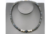 CFN225 5*8mm faceted rondelle labradorite & potato white freshwater pearl necklace