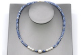 CFN228 4*6mm faceted rondelle blue spot stone & potato white freshwater pearl necklace