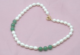 CFN304 Rice white freshwater pearl & green aventurine necklace, 16 - 24 inches