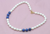 CFN305 Rice white freshwater pearl & lapis lazuli necklace, 16 - 24 inches