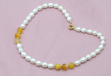 CFN307 Rice white freshwater pearl & yellow banded agate necklace, 16 - 24 inches