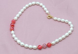 CFN308 Rice white freshwater pearl & red banded agate necklace, 16 - 24 inches