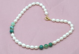 CFN309 Rice white freshwater pearl & green banded agate necklace, 16 - 24 inches