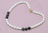 CFN310 Rice white freshwater pearl & black banded agate necklace, 16 - 24 inches