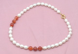 CFN311 9 - 10mm rice white freshwater pearl & fire agate necklace wholesale