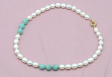 CFN314 9 - 10mm rice white freshwater pearl & amazonite necklace wholesale