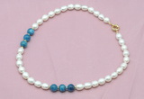 CFN315 9 - 10mm rice white freshwater pearl & apatite necklace wholesale