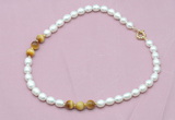 CFN319 9 - 10mm rice white freshwater pearl & golden tiger eye necklace wholesale