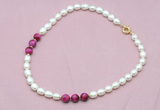 CFN320 9 - 10mm rice white freshwater pearl & red tiger eye necklace wholesale